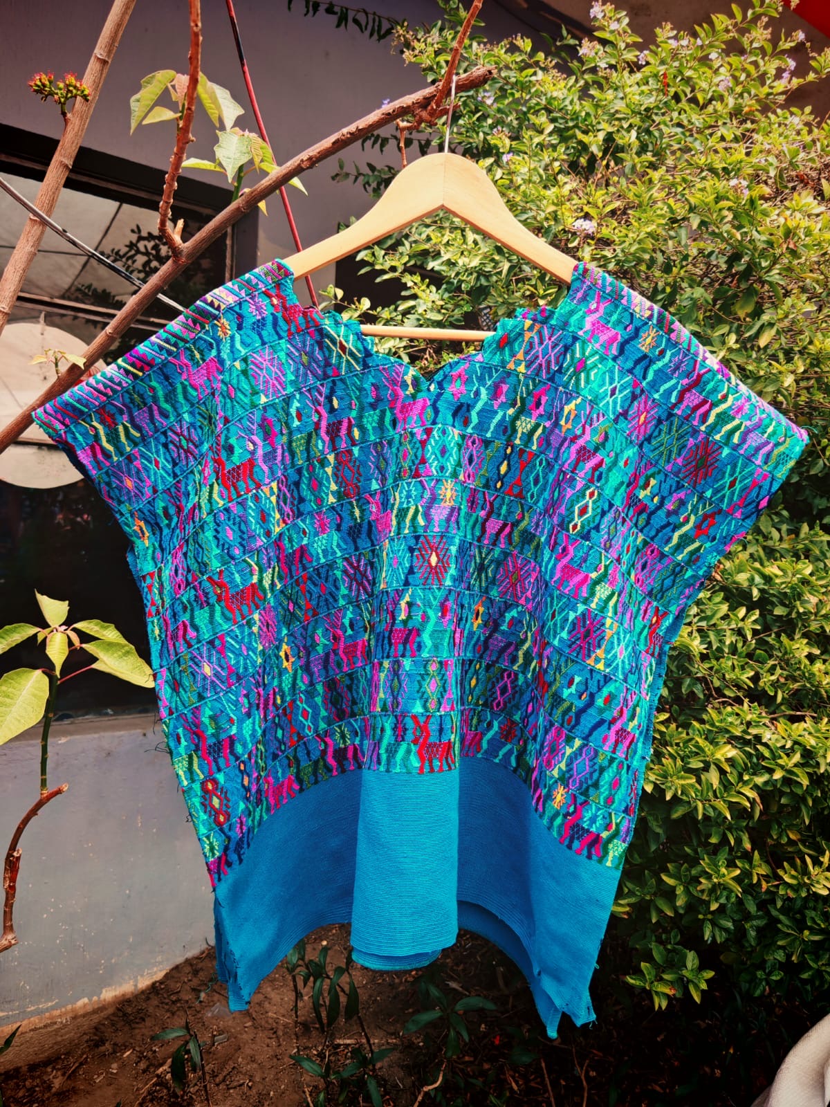 Colorful on blue Coban huipil (reserved for Sarah)