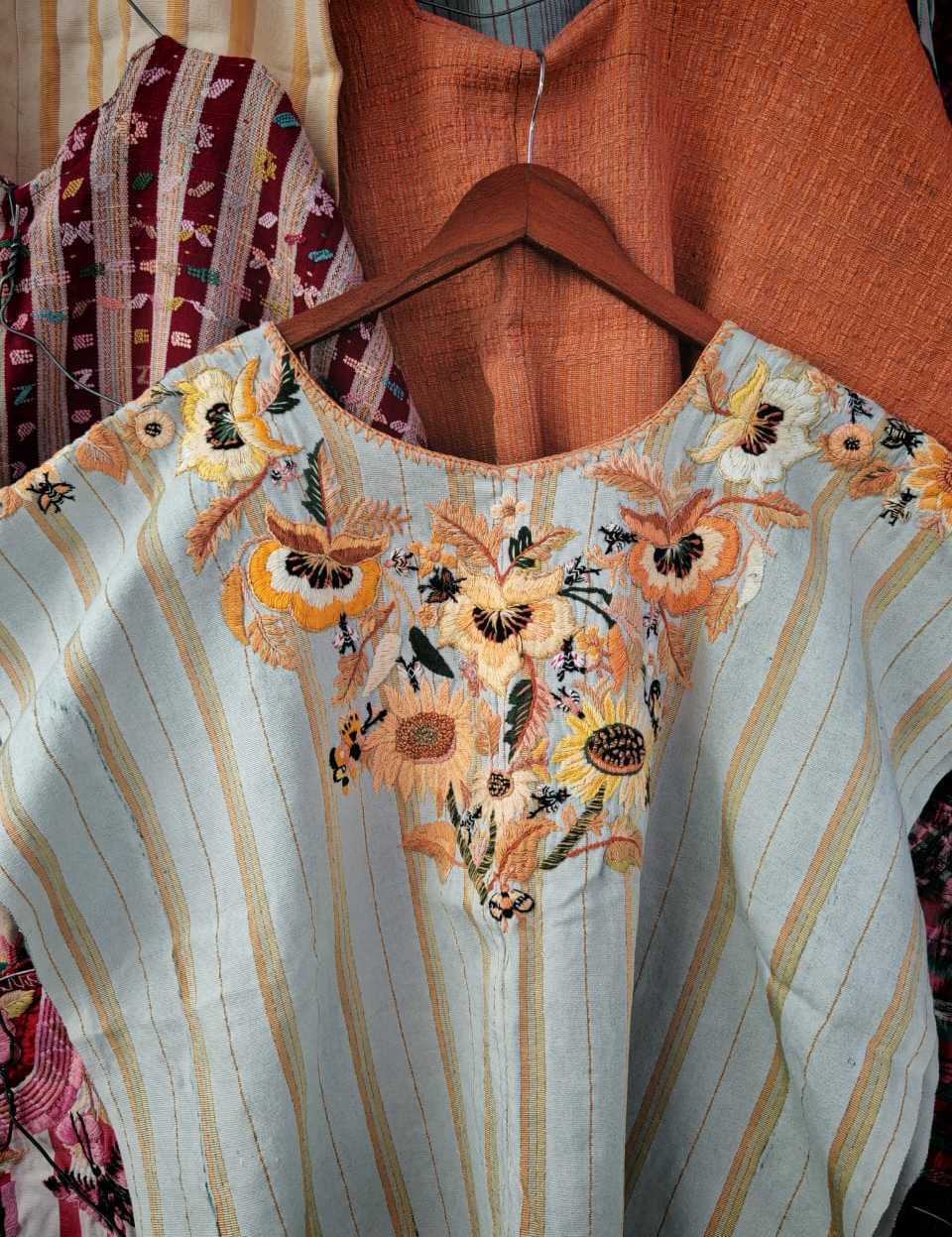 Coral and blue Santiago huipil #2-112