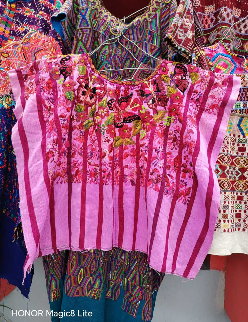 Pink butterflies and tiny birds Santiago huipil #6-144