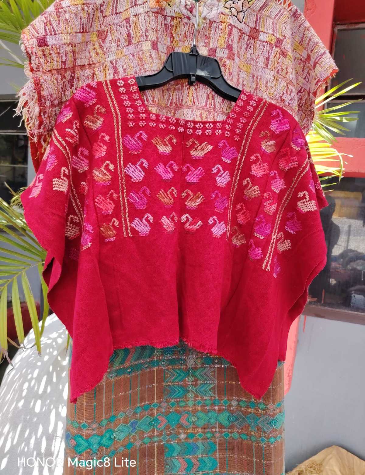 Pink swans on red San Lucas Toliman huipil #5-218