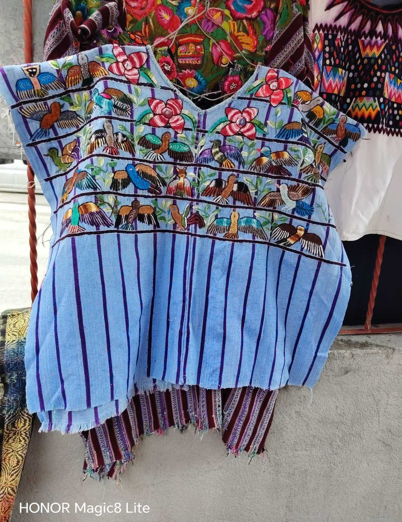 Colourful Birds on Blue Santiago Huipil #6-217