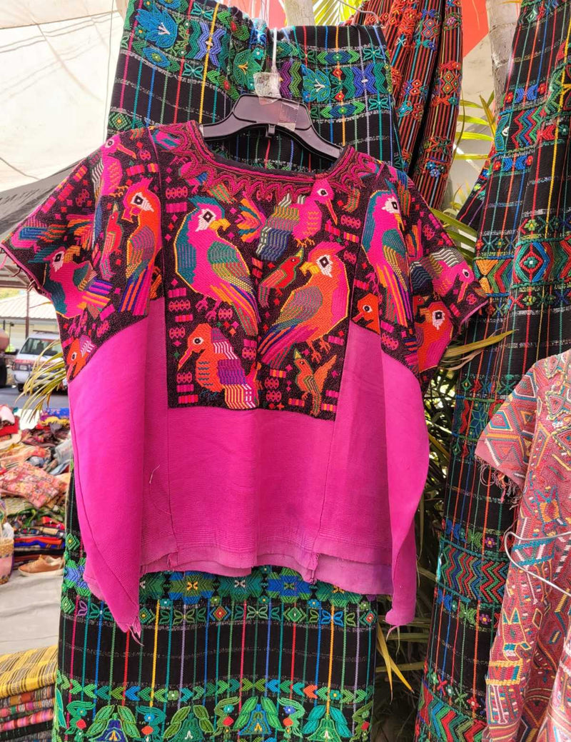 (Reserved for Camdyn) Playful pink parrots Chichicastenango huipil