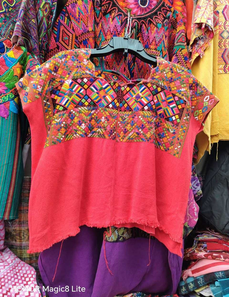 (Reserved for Sarah) Colourful on red Nahuala huipil #4-258
