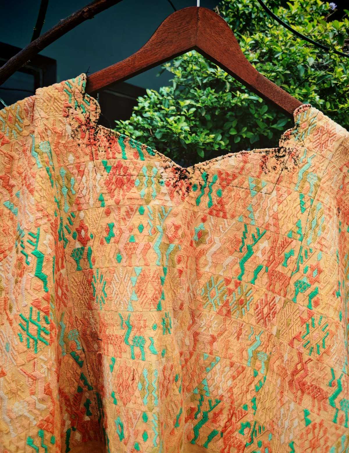 (Reserved for Inge) Buttermilk and turquoise Coban huipil #5-198