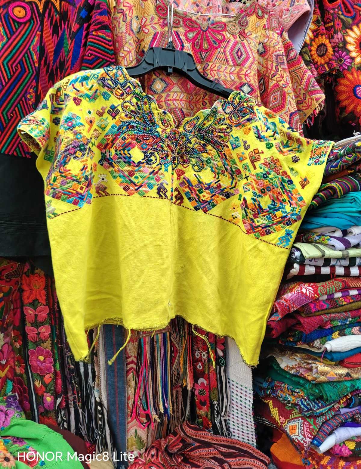 Yellow quetzals with sparkly neckline Nahula huipil #4-165