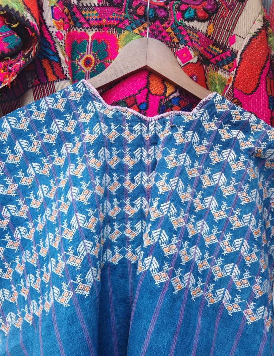 Indigo with orange chickens Nahuala huipil #5-11