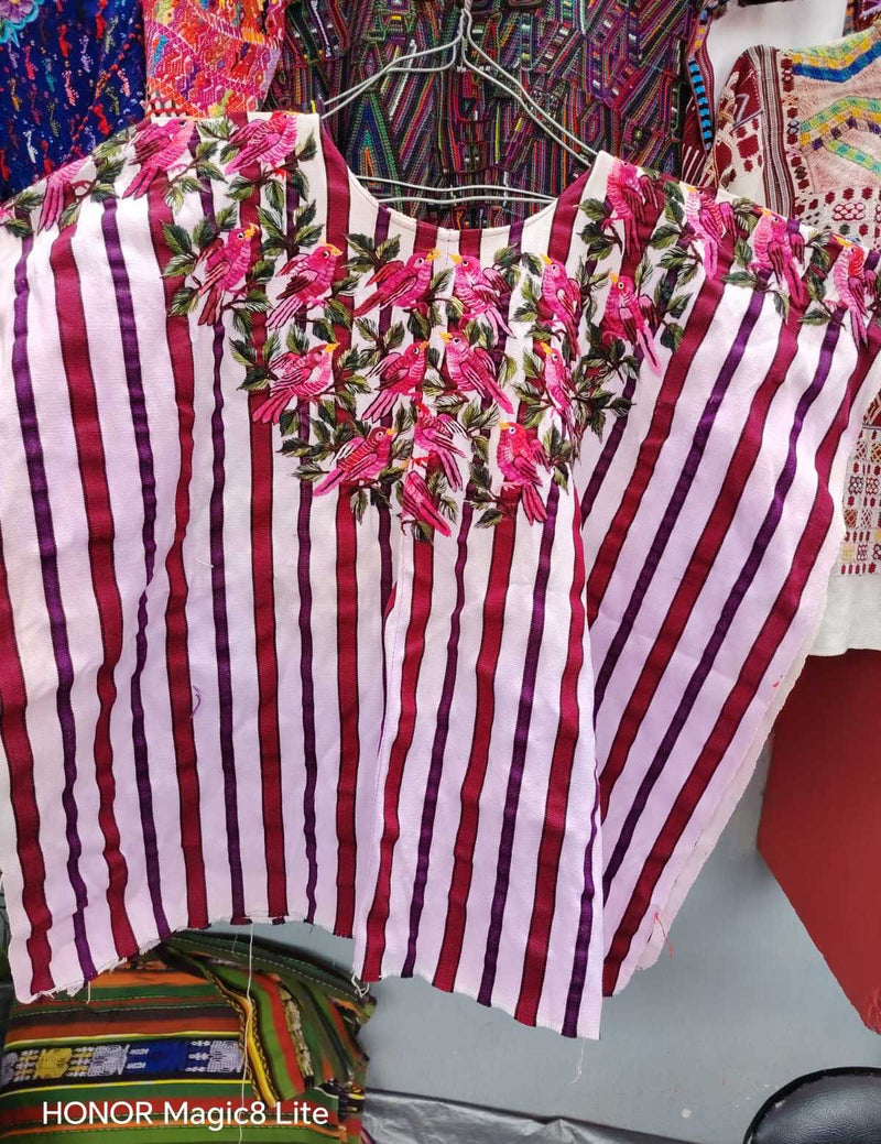 Pink birds on red and white stripes Santiago huipil #6-141
