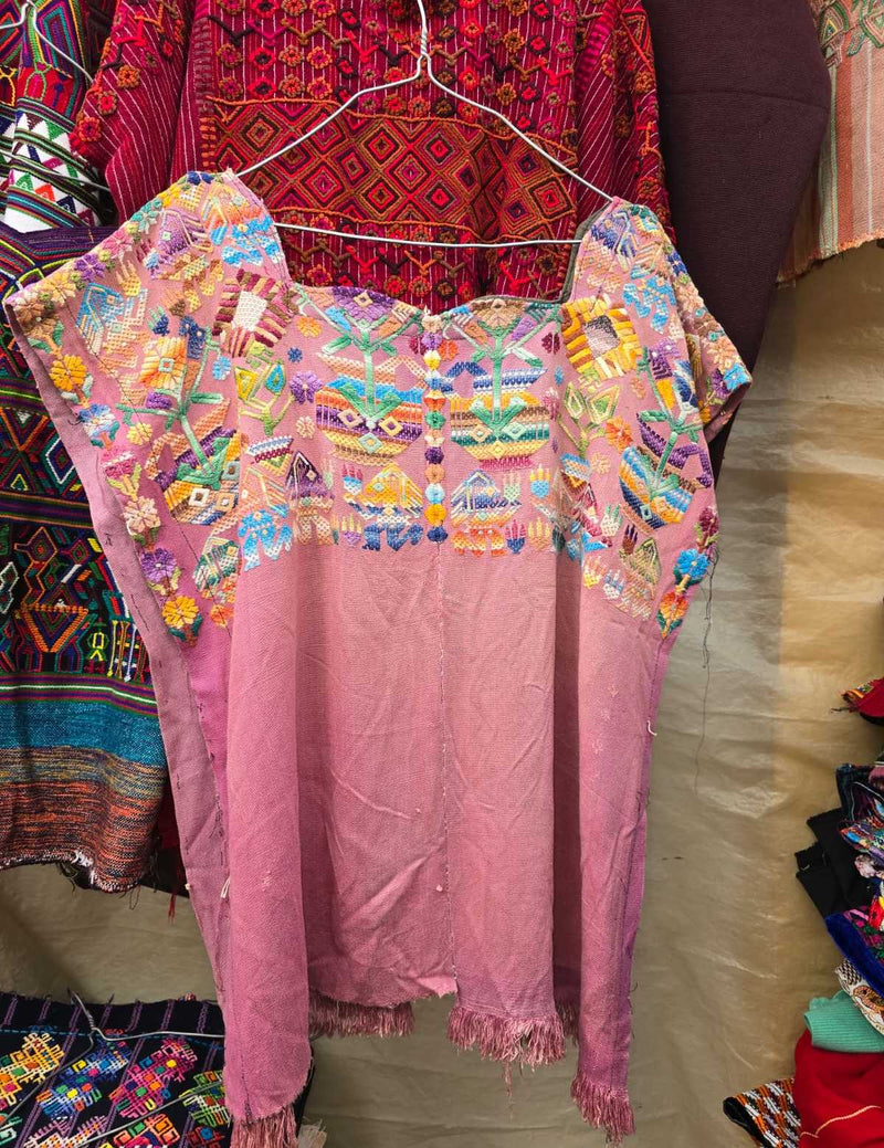 Colourful on pink Nahuala huipil #6-155
