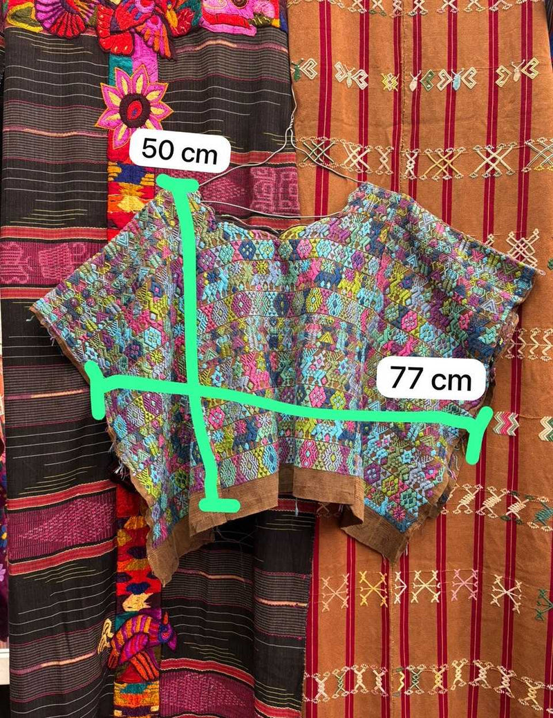 Blue and pink on brown Coban huipil #4-225