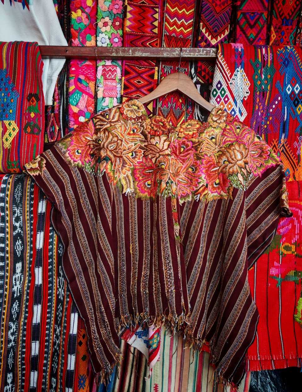 Coral and burgundy Patzun huipil #6-86