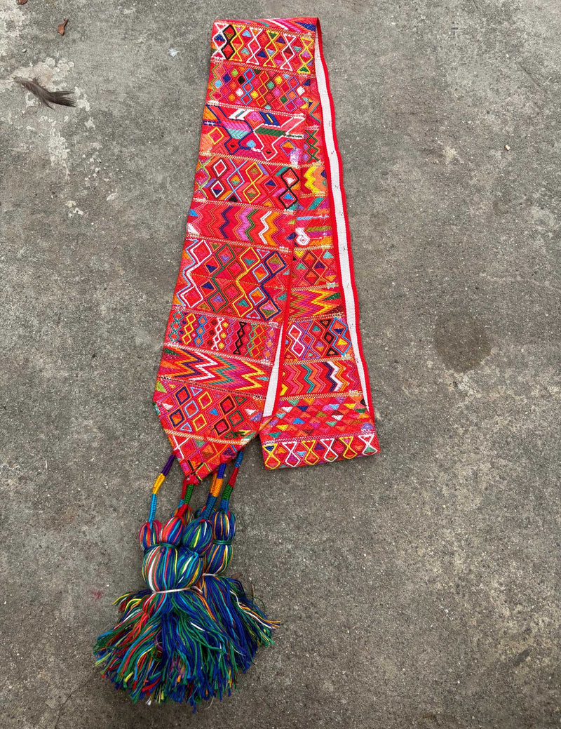 (Reserved for Andrea) Colourful on red with blue tassels Nebaj tocoyal #6-139