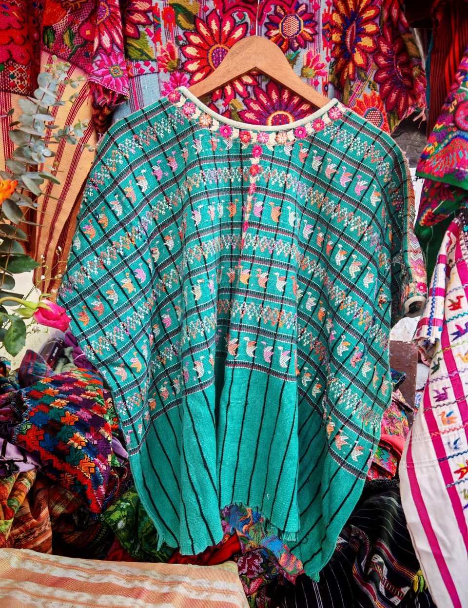 Emerald green with pink swans San Lucas huipil #6-72