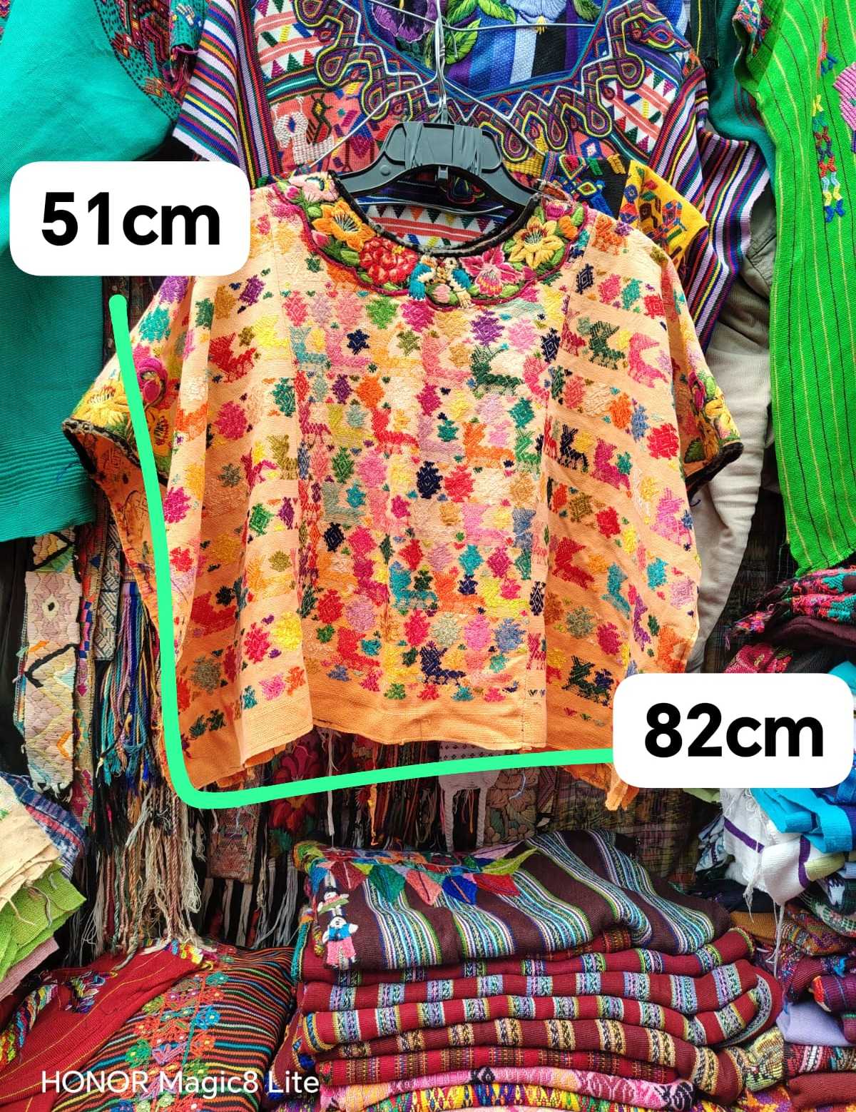 Colourful on pale orange Coban huipil #4-116