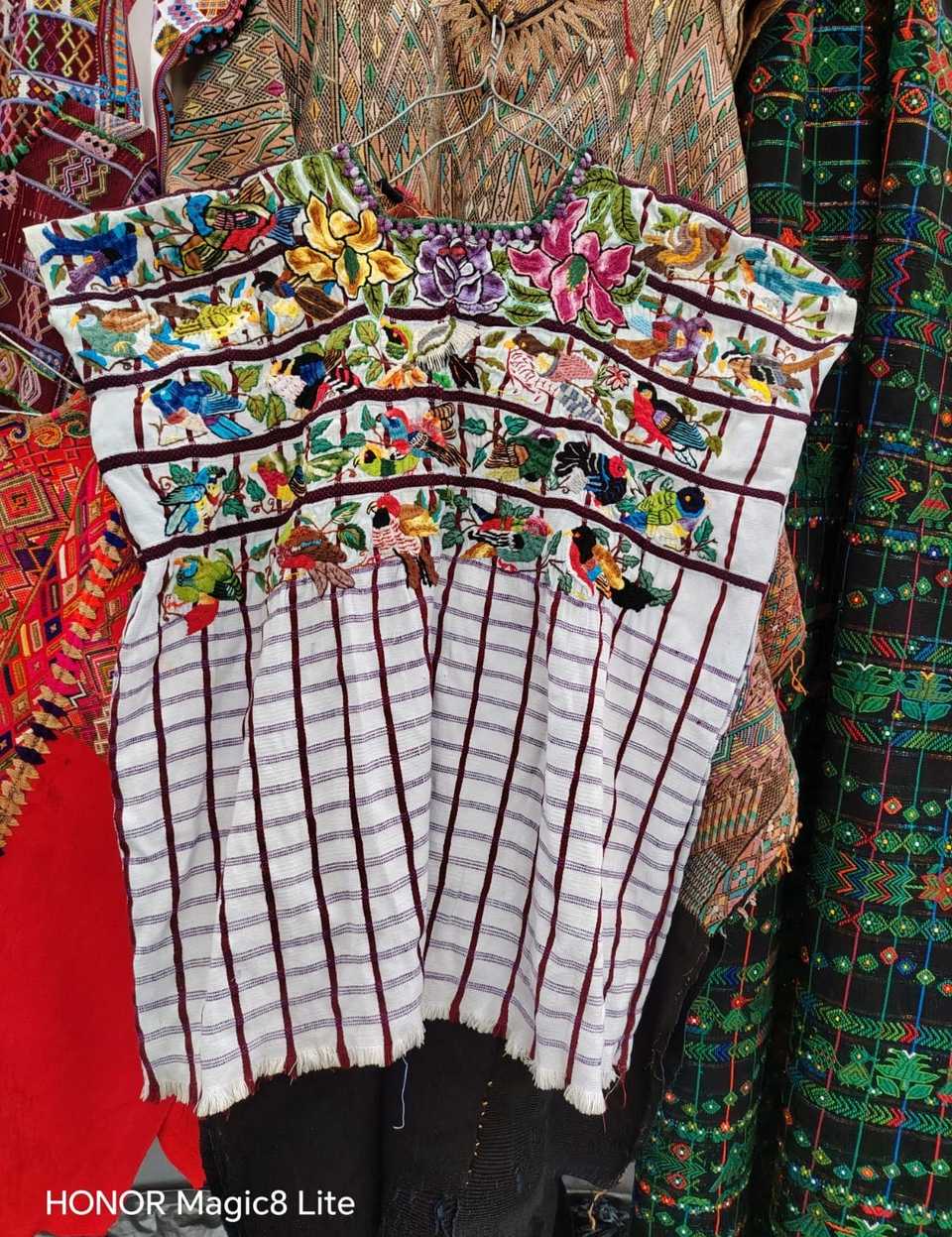 Colourful birds on gingham Santiago huipil #5-424