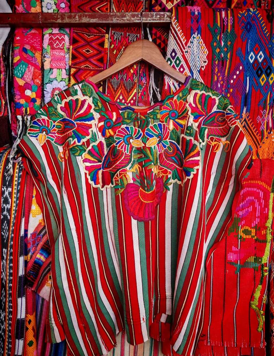 Playful parrots on stripes Chichicastenango huipil #6-98