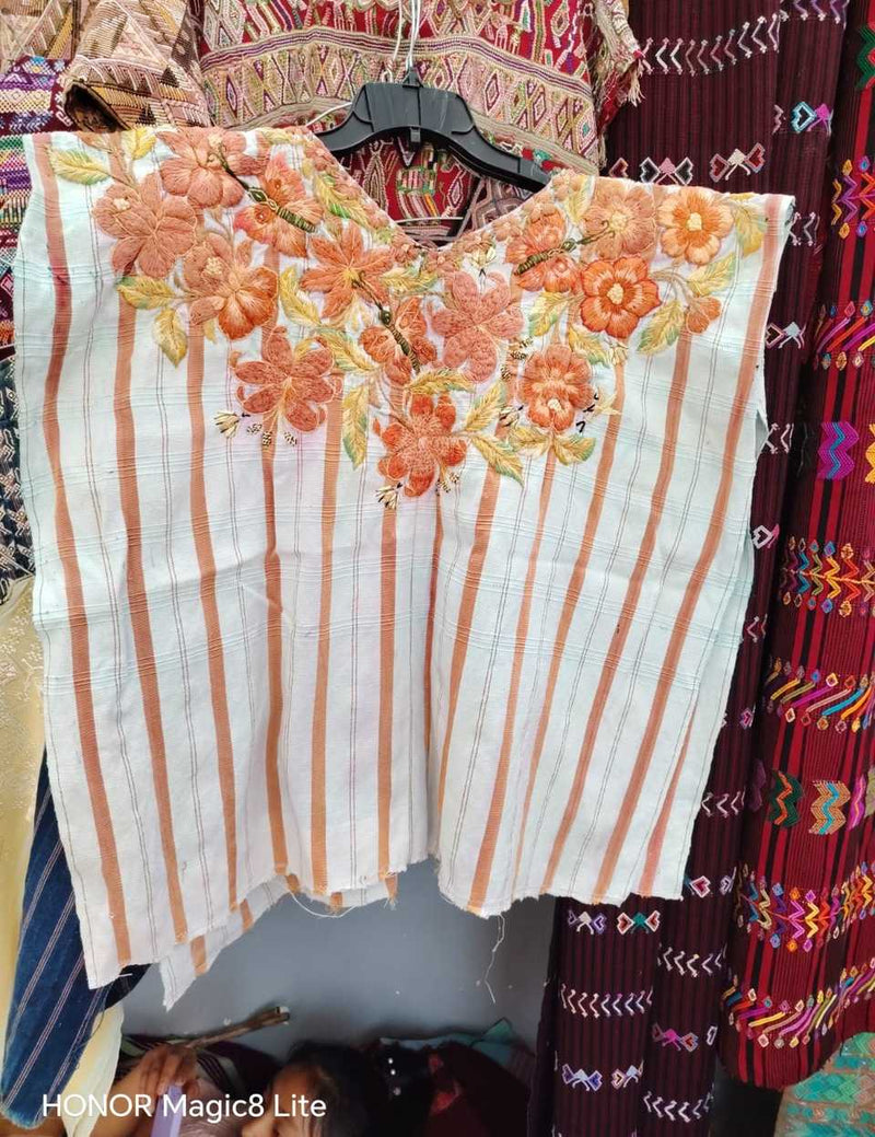 (Reserve for Sarah) Coral and white Santiago huipil