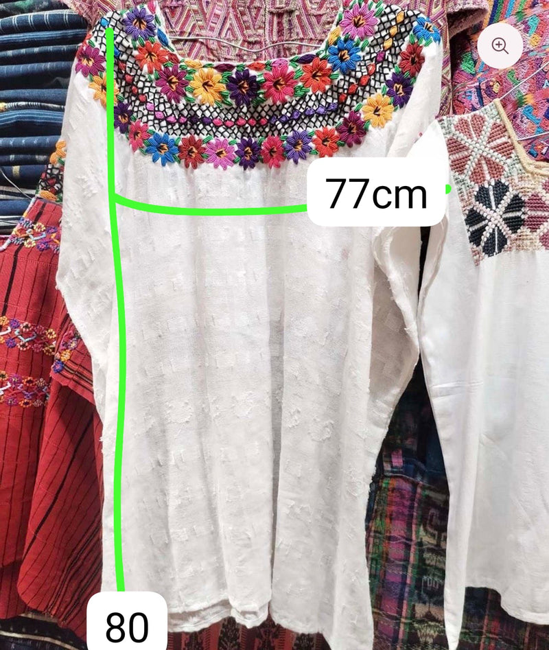 White Coban huipil with colorful neckline