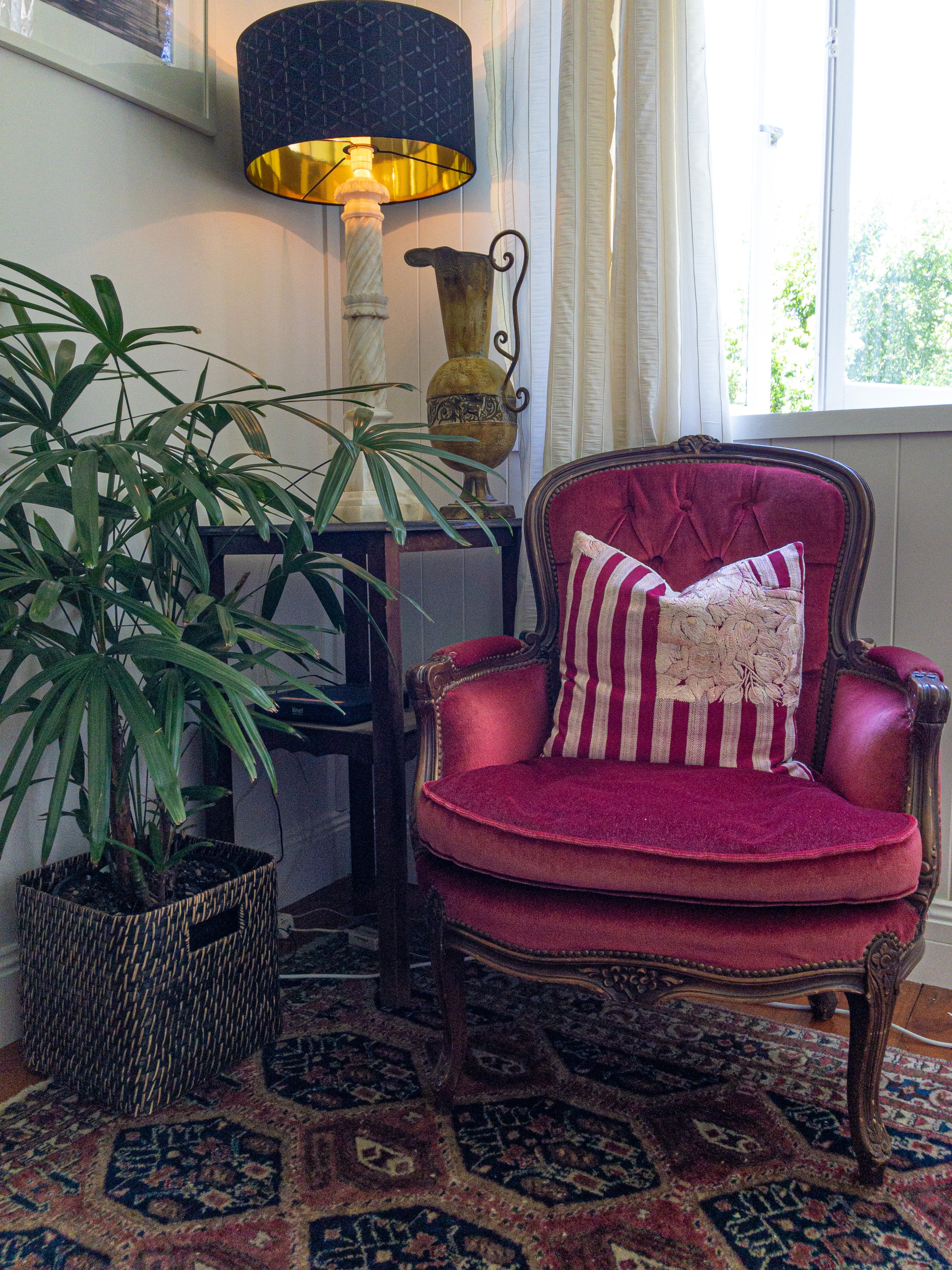 Guatemalan Huipil Pillow, vintage, hand woven red and pink striped floral throw cushion from Patzun