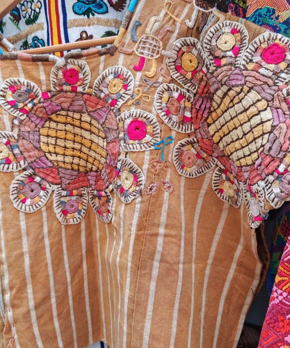 Caramel striped huipil with abstract embroidery