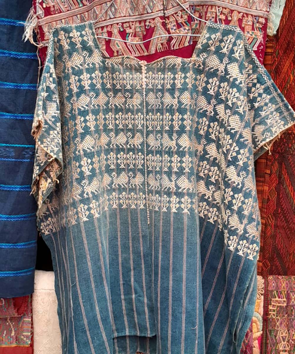 Indigo Nahuala huipil with lions and corn