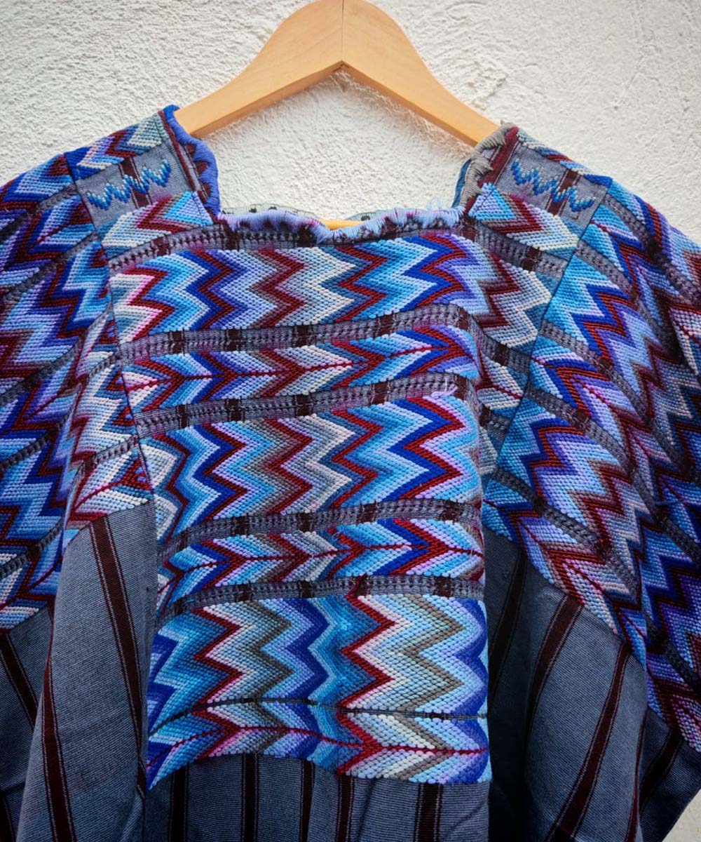 Blue zigzag and striped huipil