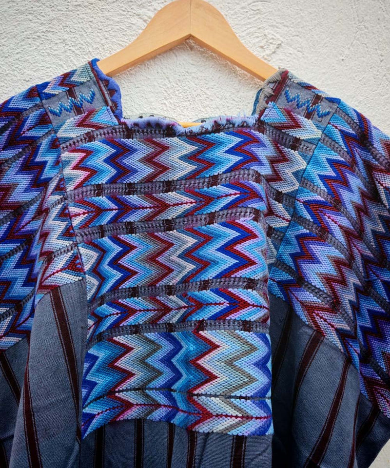 Blue zigzag and striped huipil