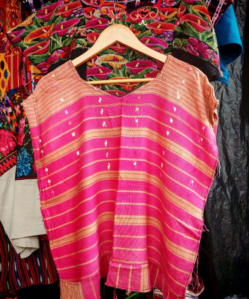 Pink and biscuit striped huipil