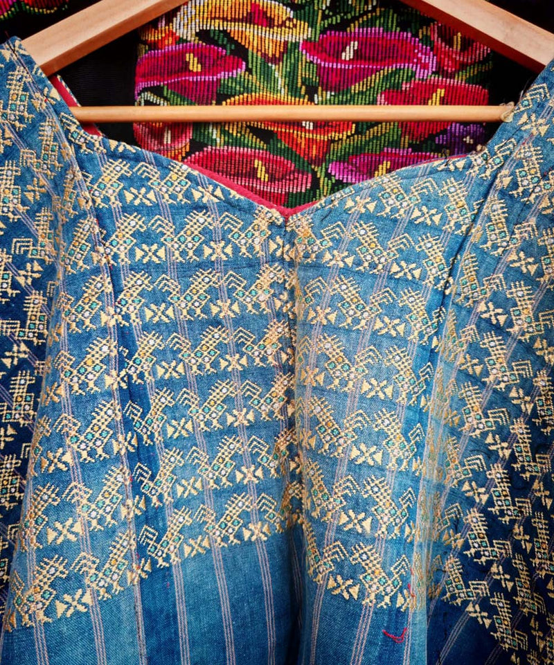 Indigo Nahuala huipil with gold chickens