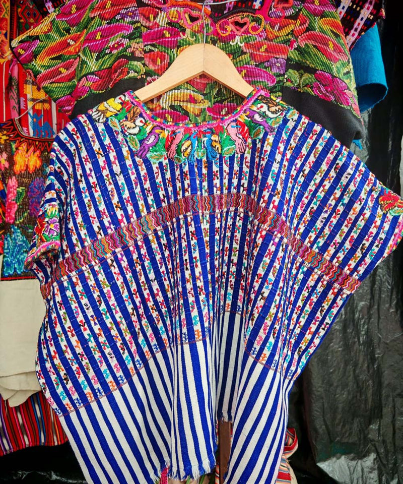 Blue San Lucas huipil with floral neckline