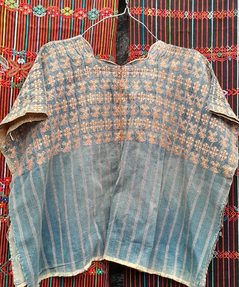 Faded Indigo Nahuala huipil with puppies