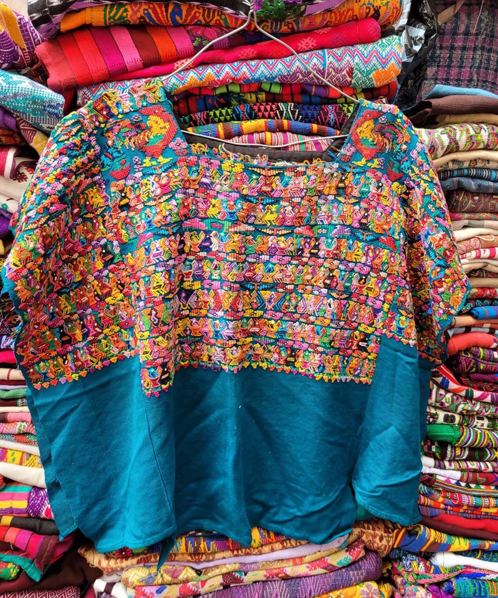 Teal blue San Juan Cotzal huipil