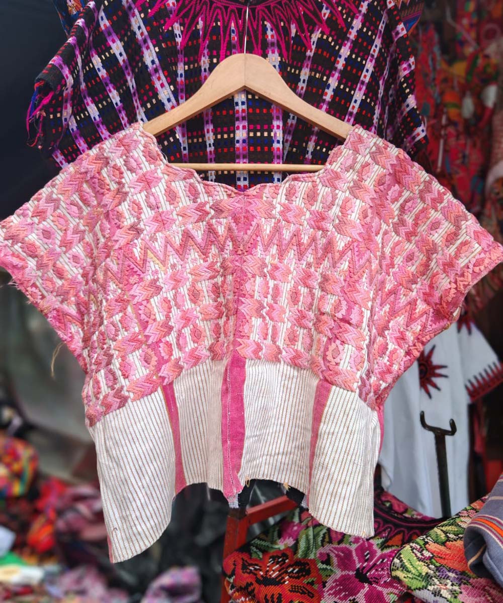 Pink and white chevron huipil