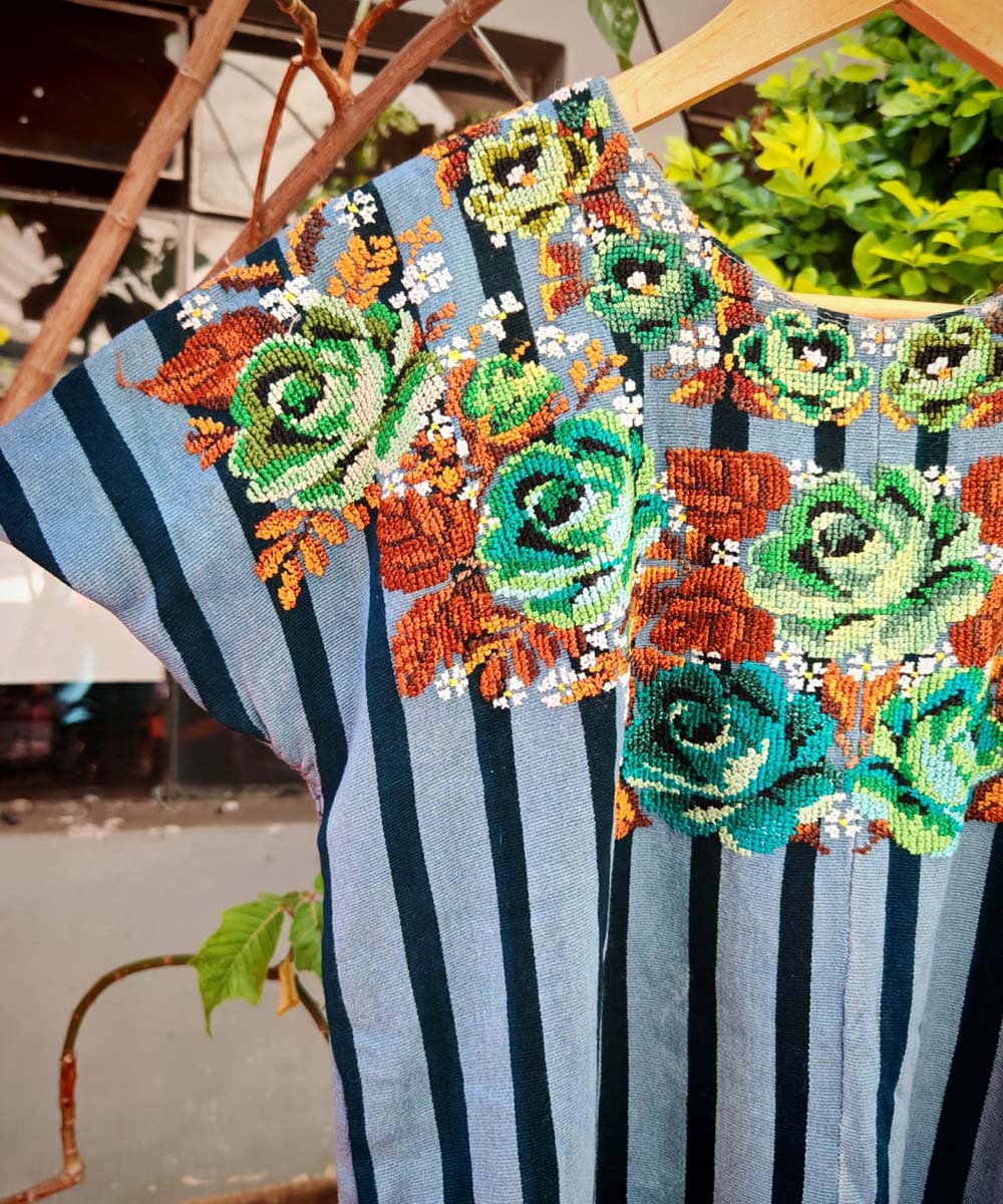 Blue Santiago huipil with green roses