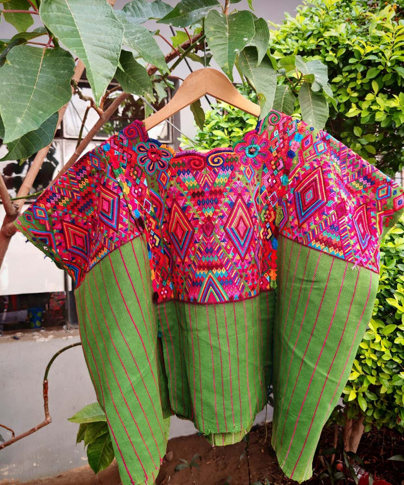 Pink and green striped Chichi huipil