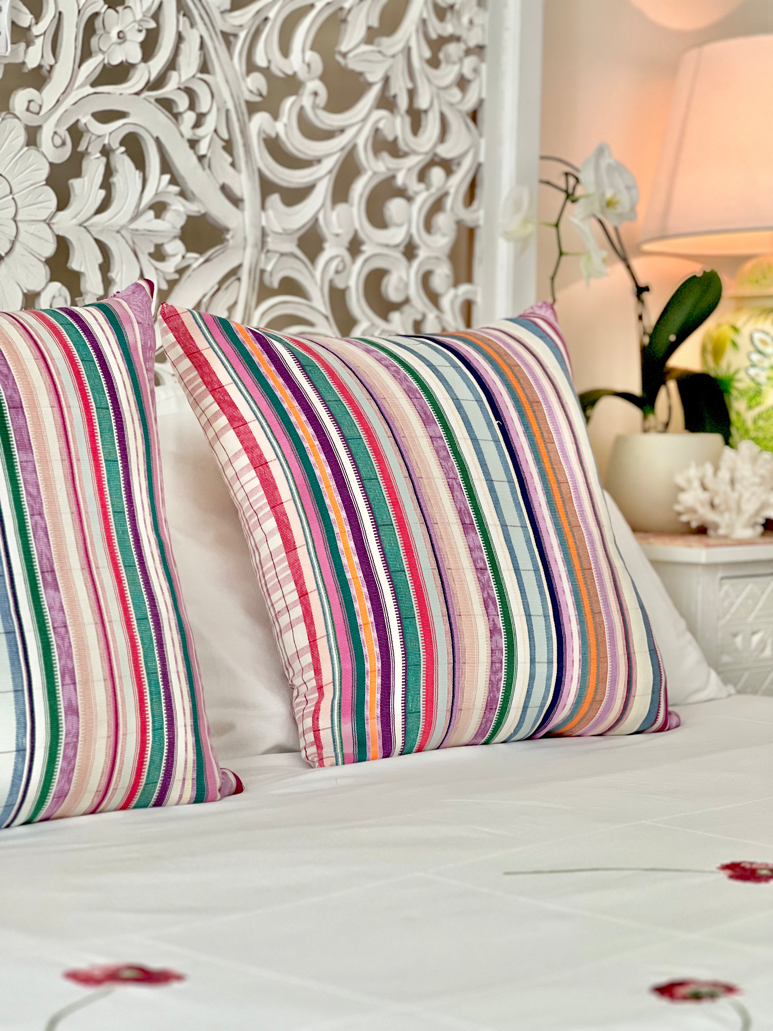 Embroidered Guatemalan huipil textile repurposed into a pillow