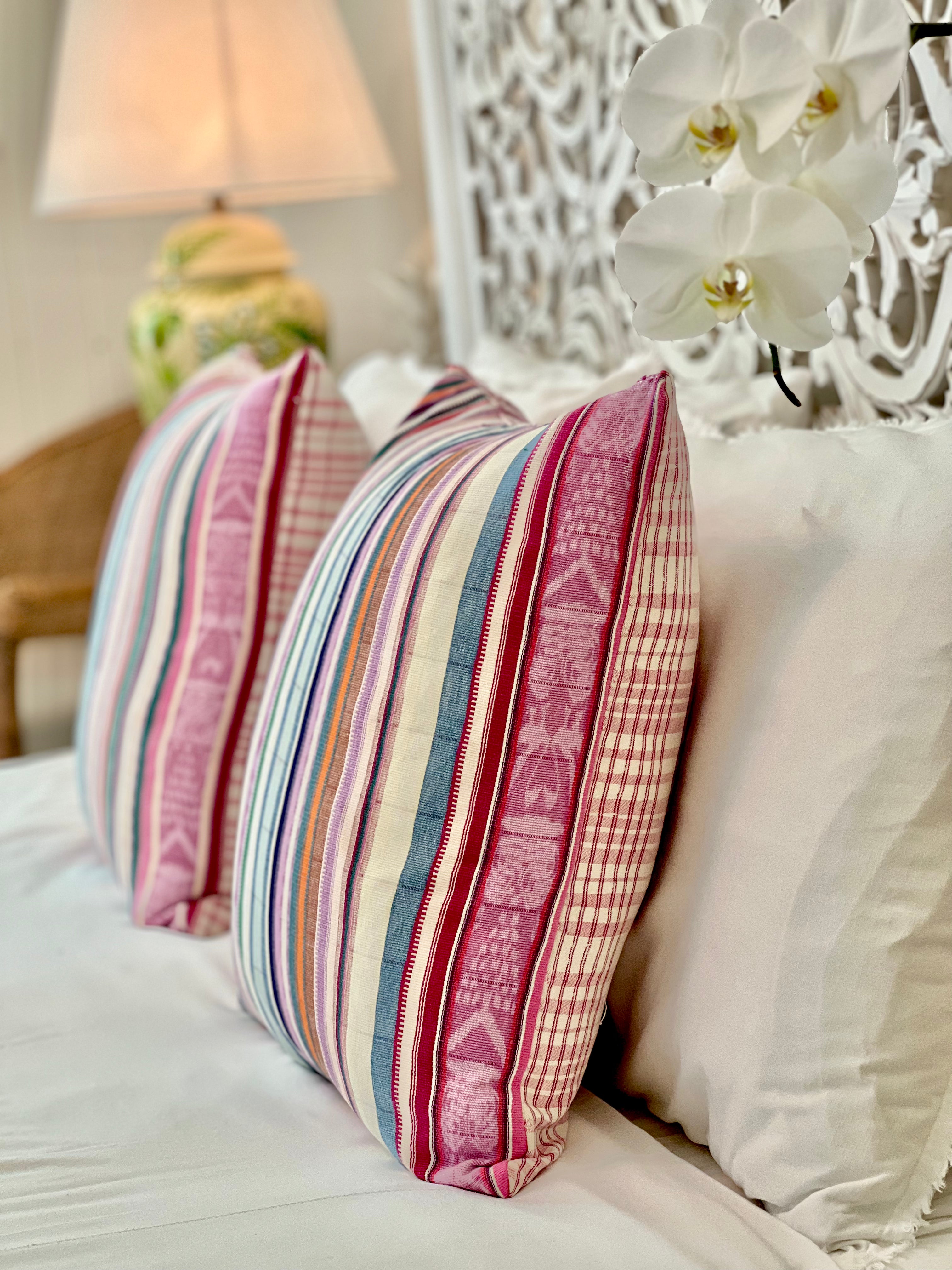 Embroidered Guatemalan huipil textile repurposed into a pillow