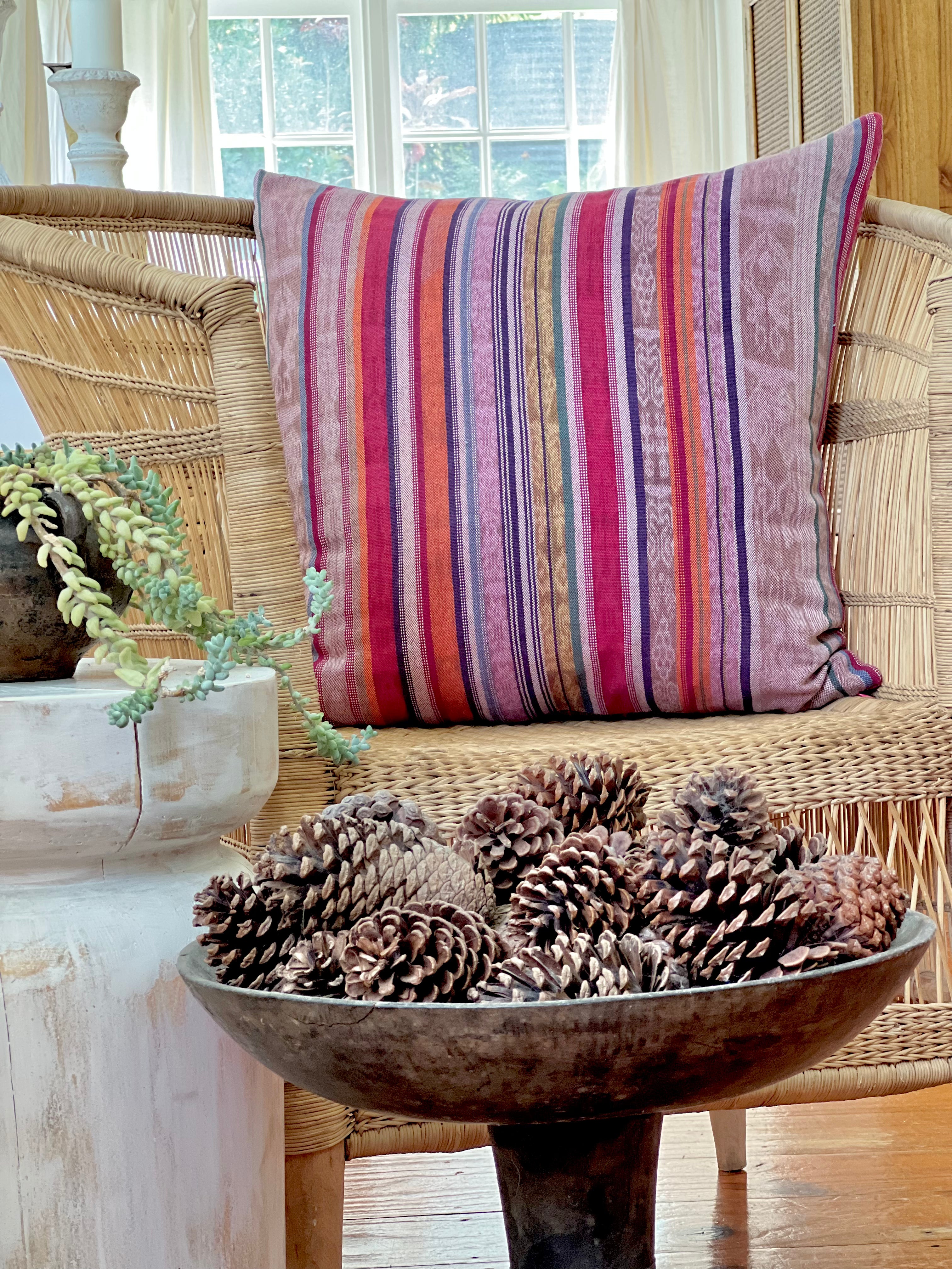 Embroidered Guatemalan huipil textile repurposed into a pillow