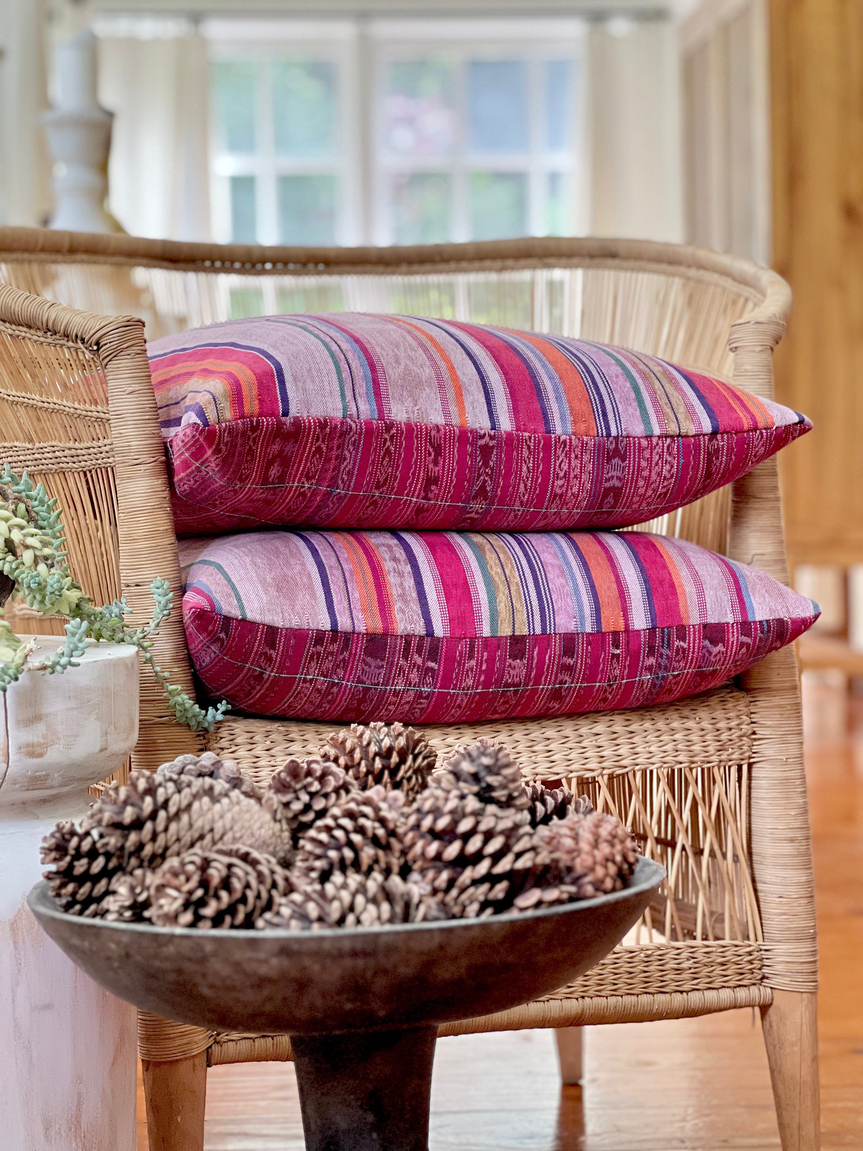Embroidered Guatemalan huipil textile repurposed into a pillow