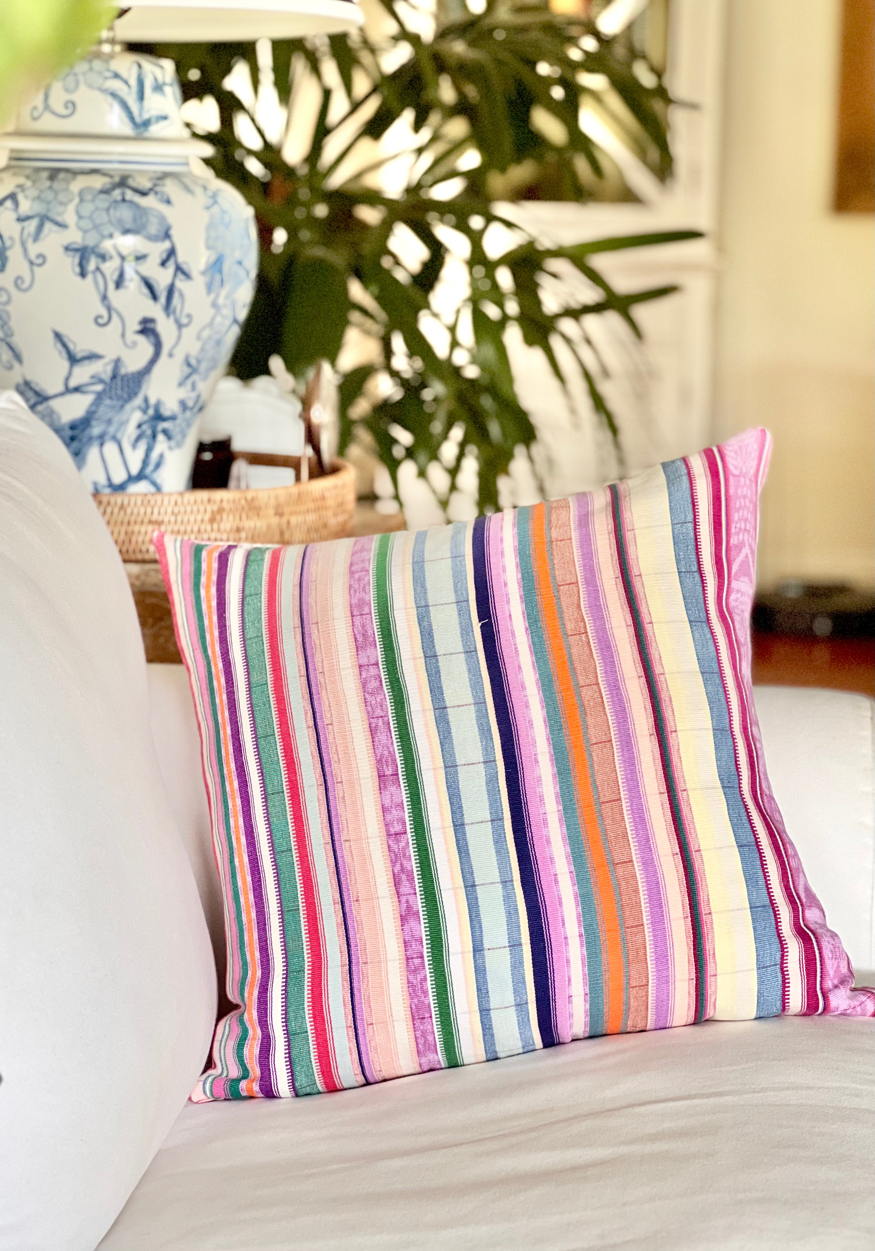 Embroidered Guatemalan huipil textile repurposed into a pillow