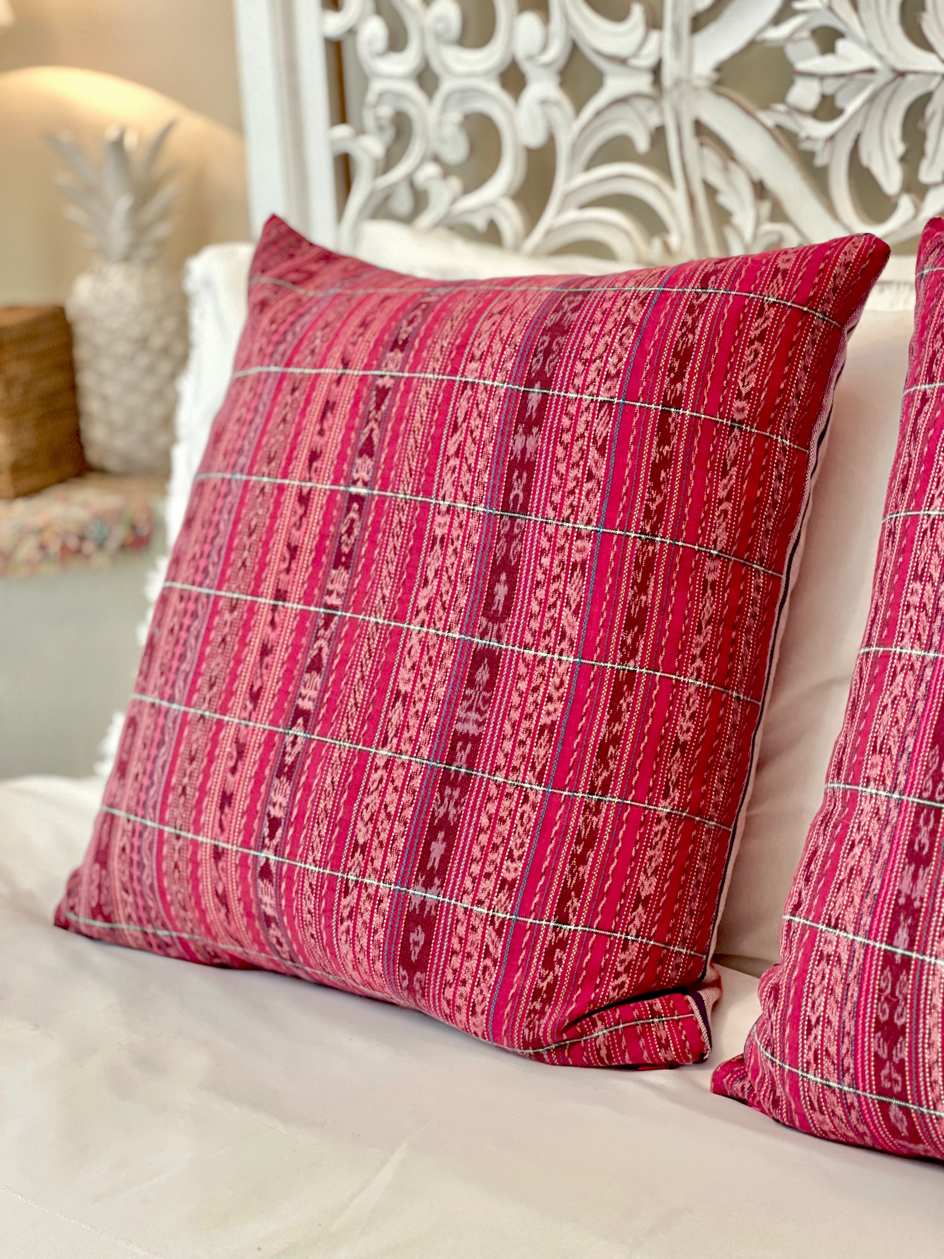Embroidered Guatemalan huipil textile repurposed into a pillow