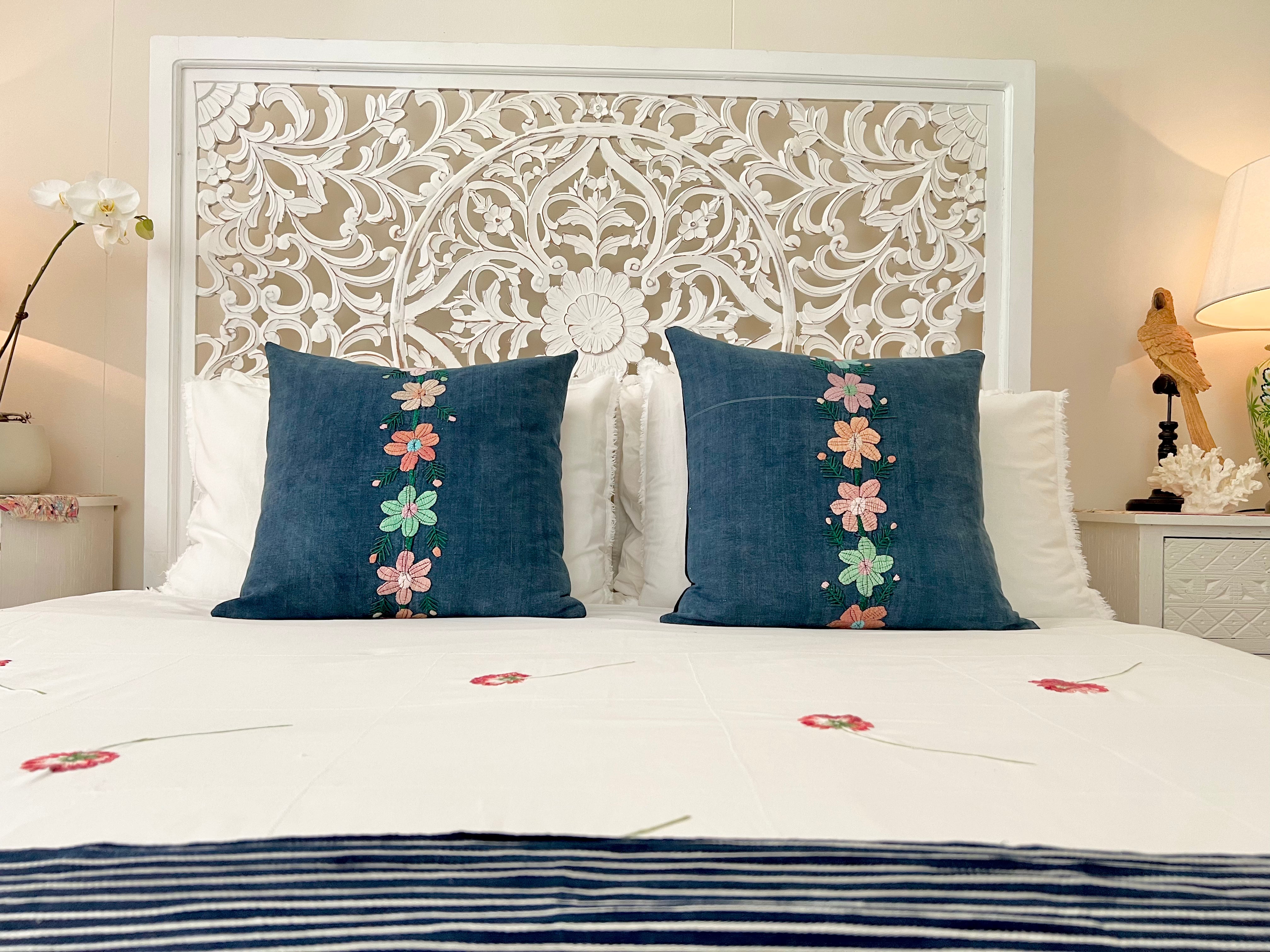 Embroidered Guatemalan huipil textile repurposed into a pillow