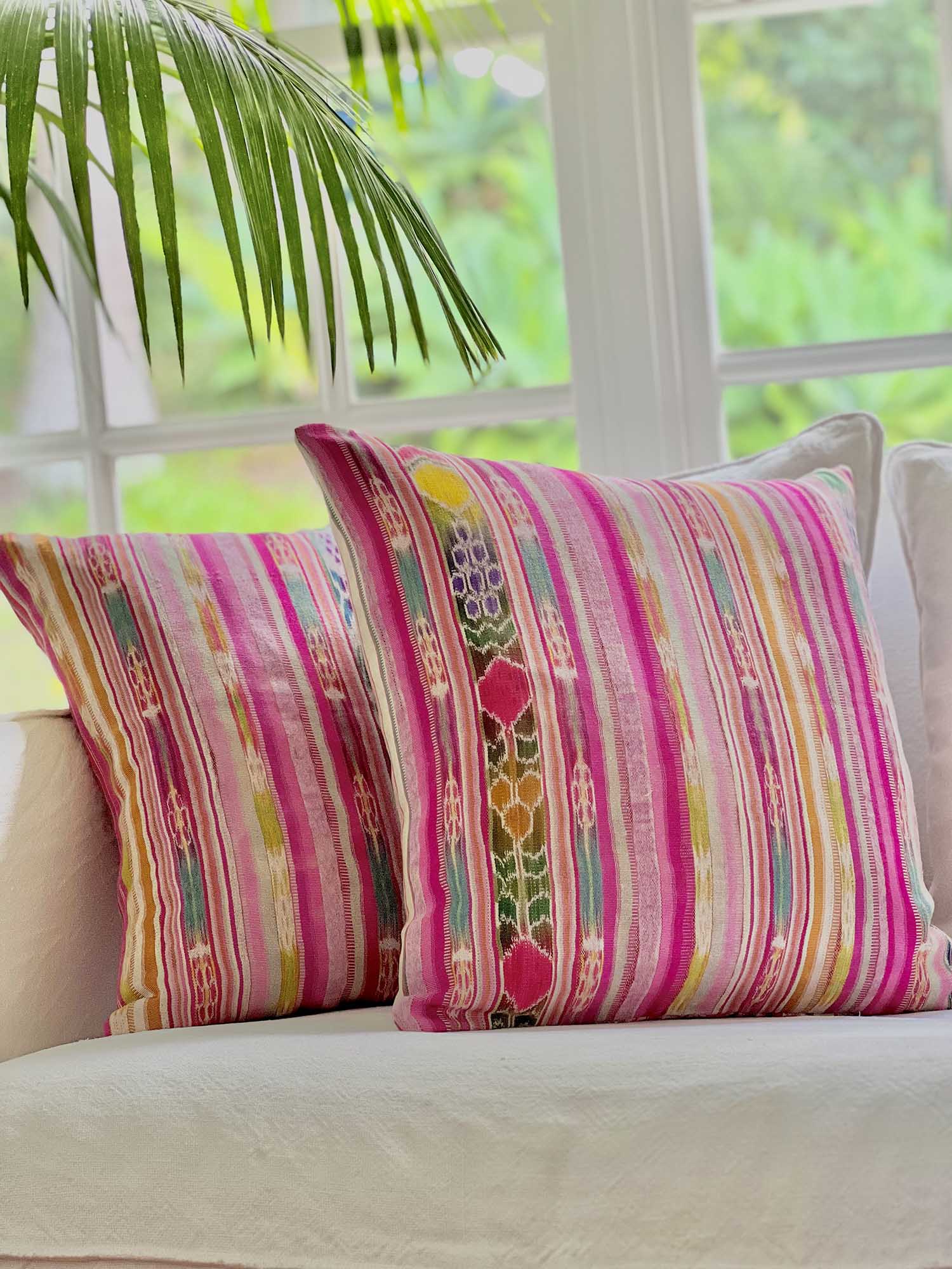 Embroidered Guatemalan huipil textile repurposed into a pillow