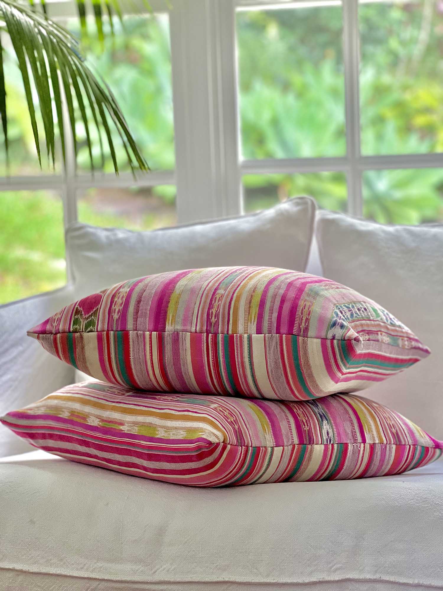 Embroidered Guatemalan huipil textile repurposed into a pillow