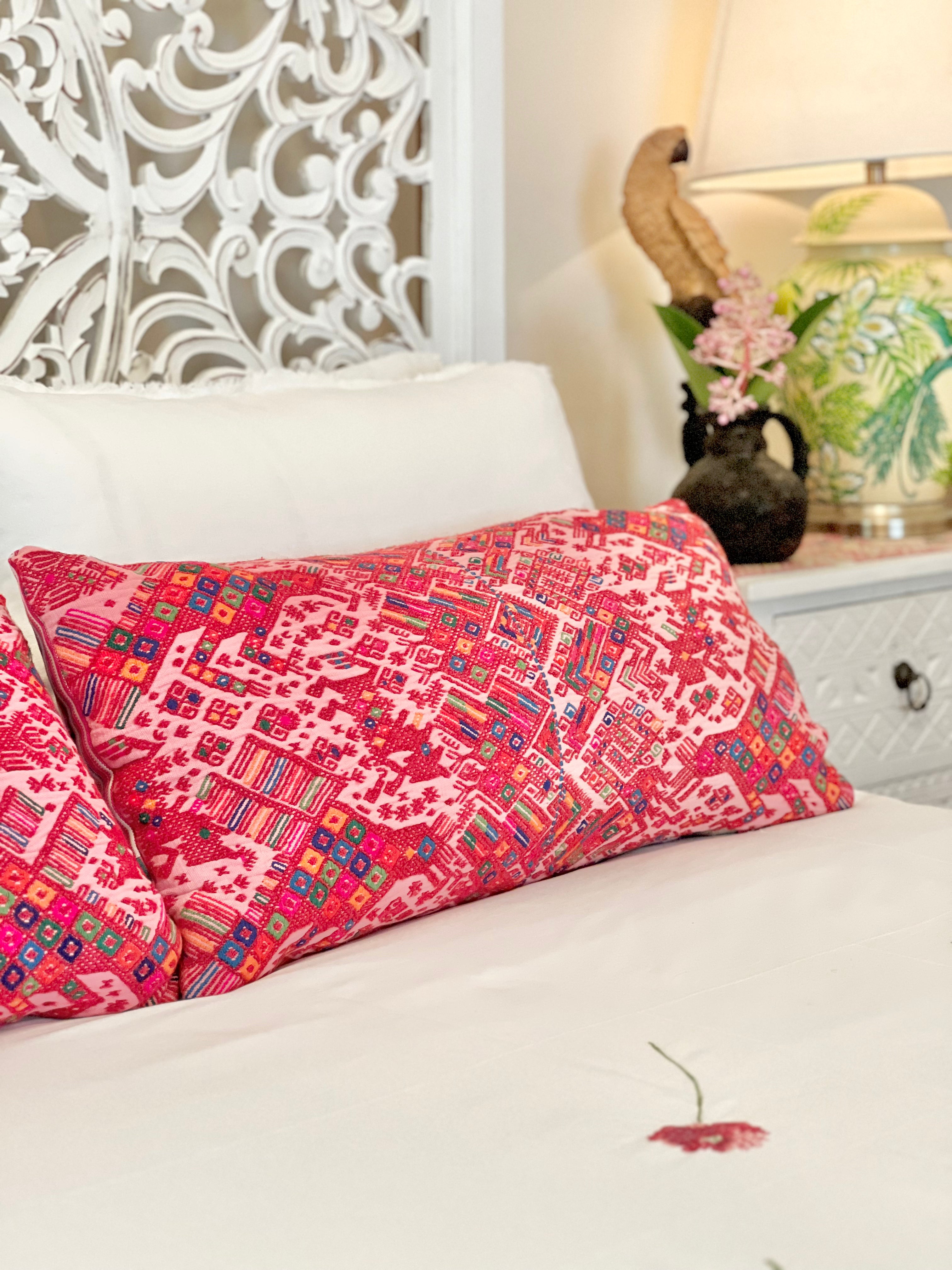 Embroidered Guatemalan huipil textile repurposed into a pillow