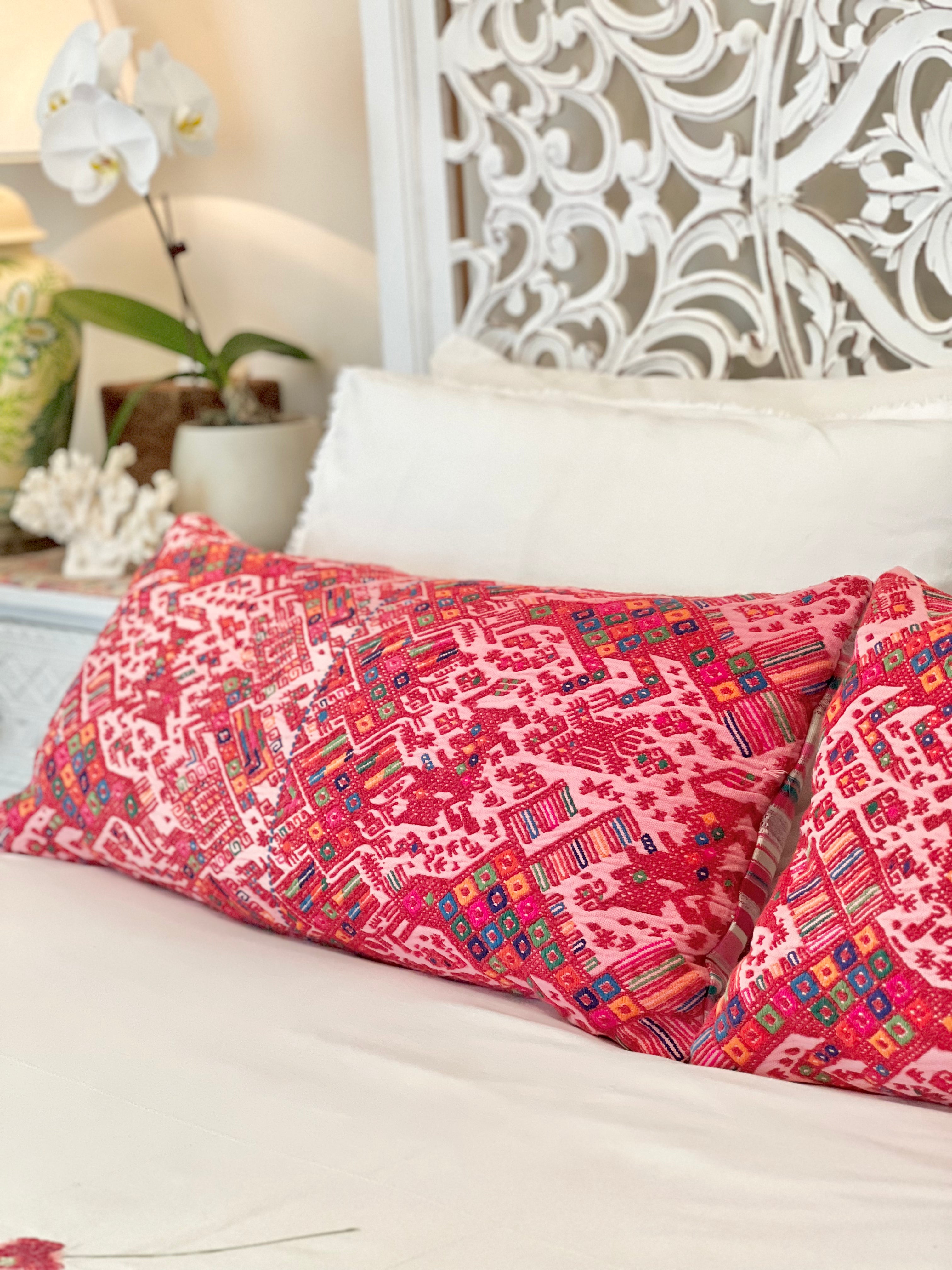 Embroidered Guatemalan huipil textile repurposed into a pillow