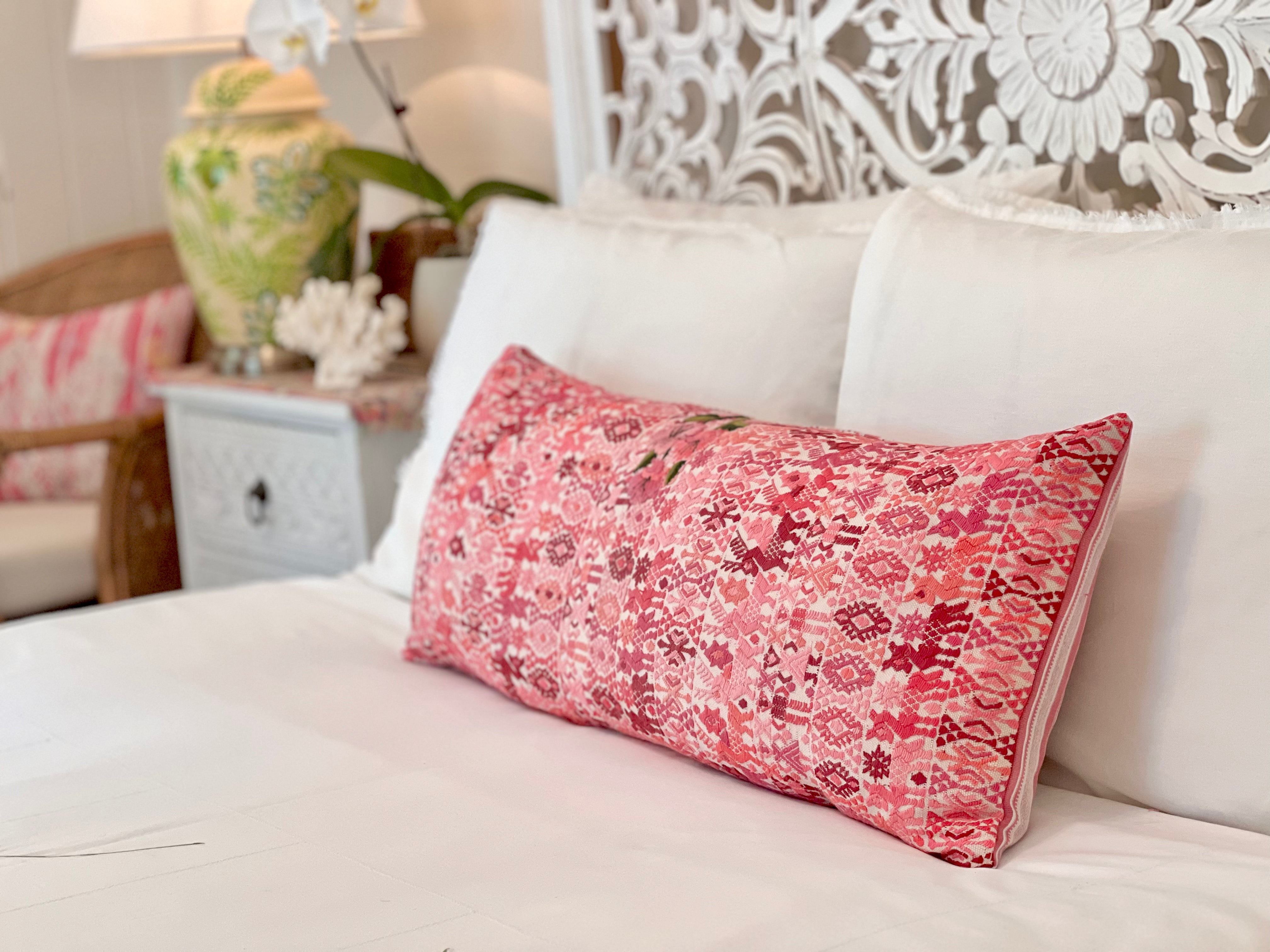 Embroidered Guatemalan huipil textile repurposed into a pillow