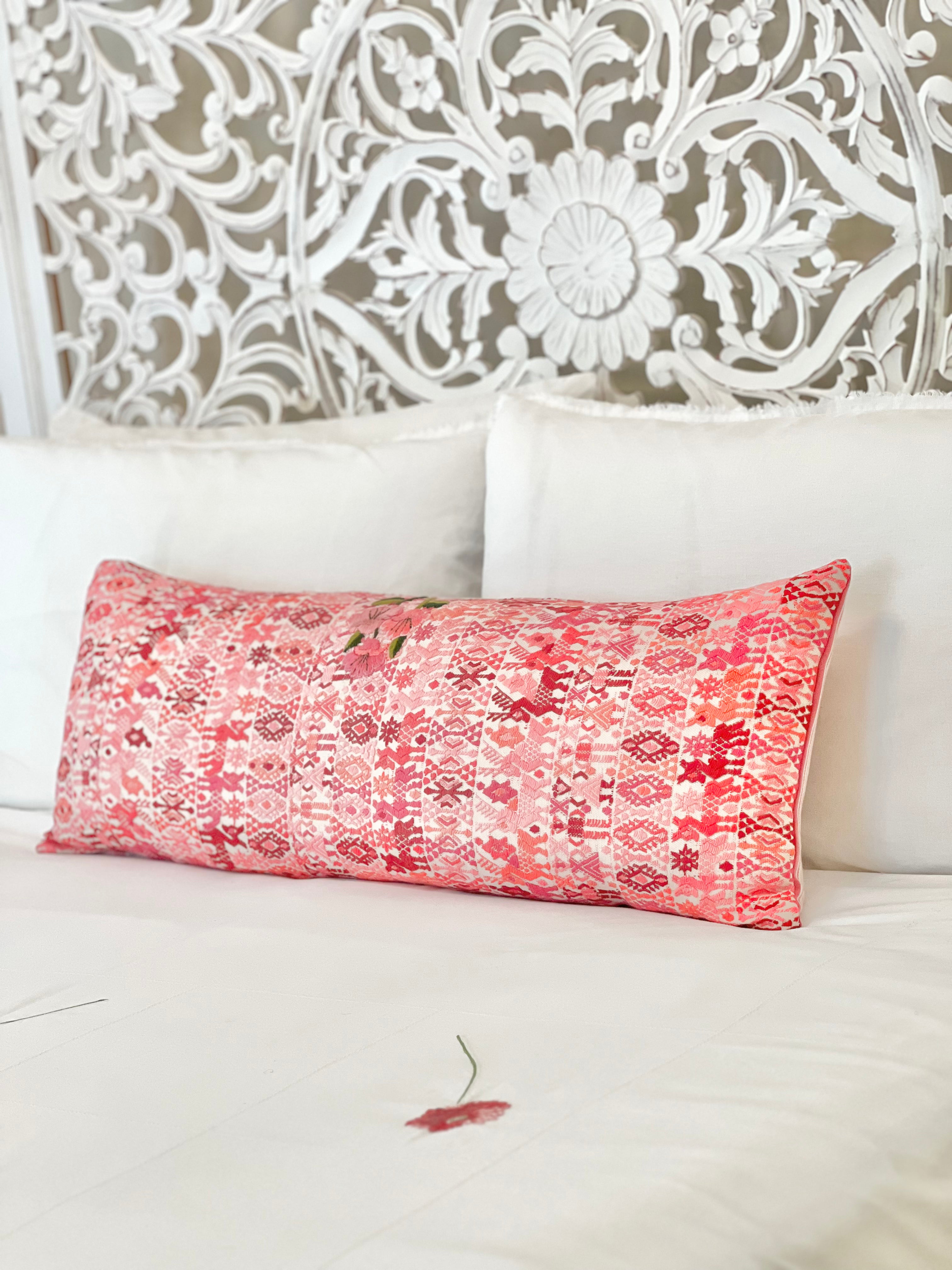 Embroidered Guatemalan huipil textile repurposed into a pillow