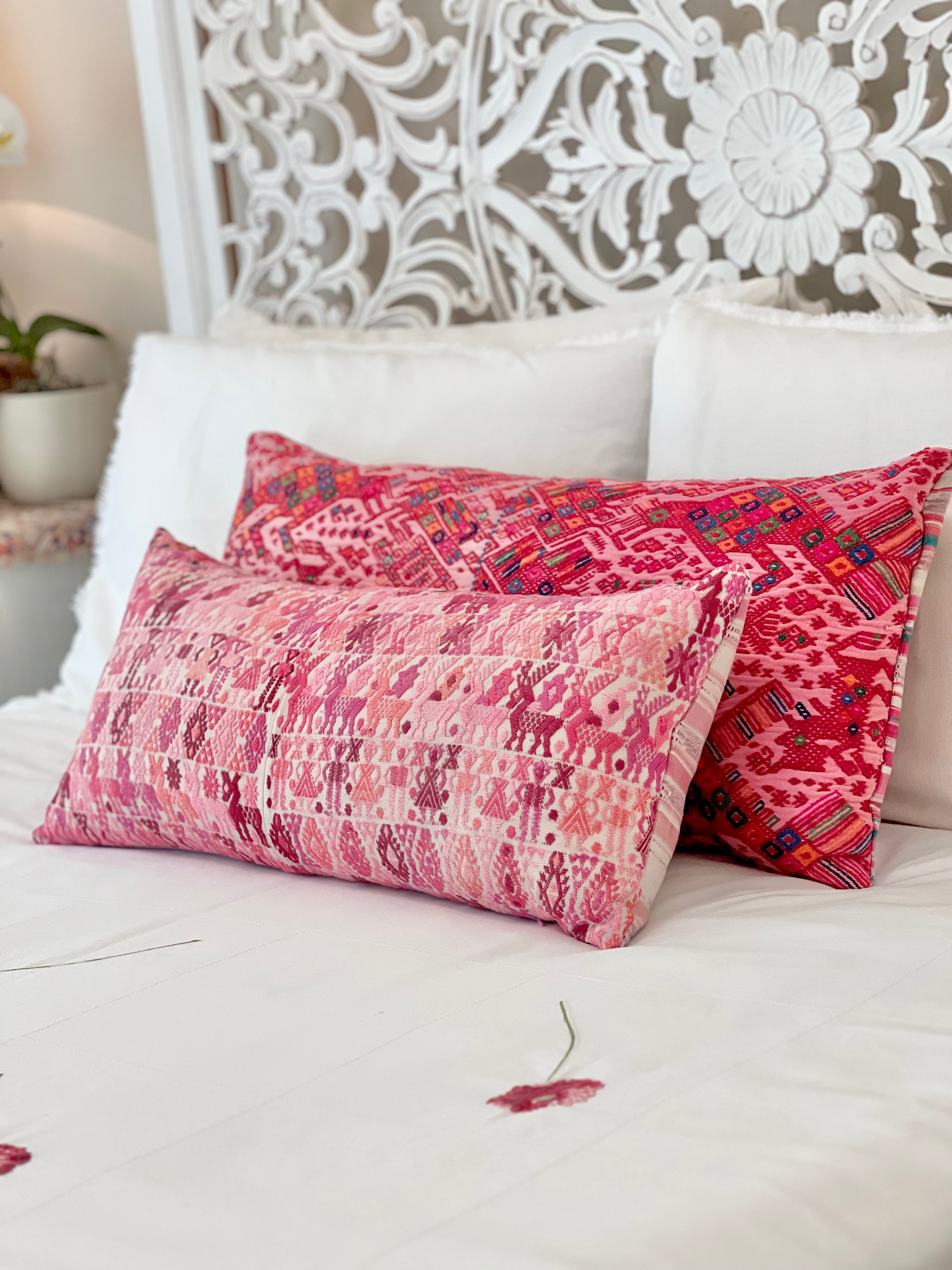 Embroidered Guatemalan huipil textile repurposed into a pillow