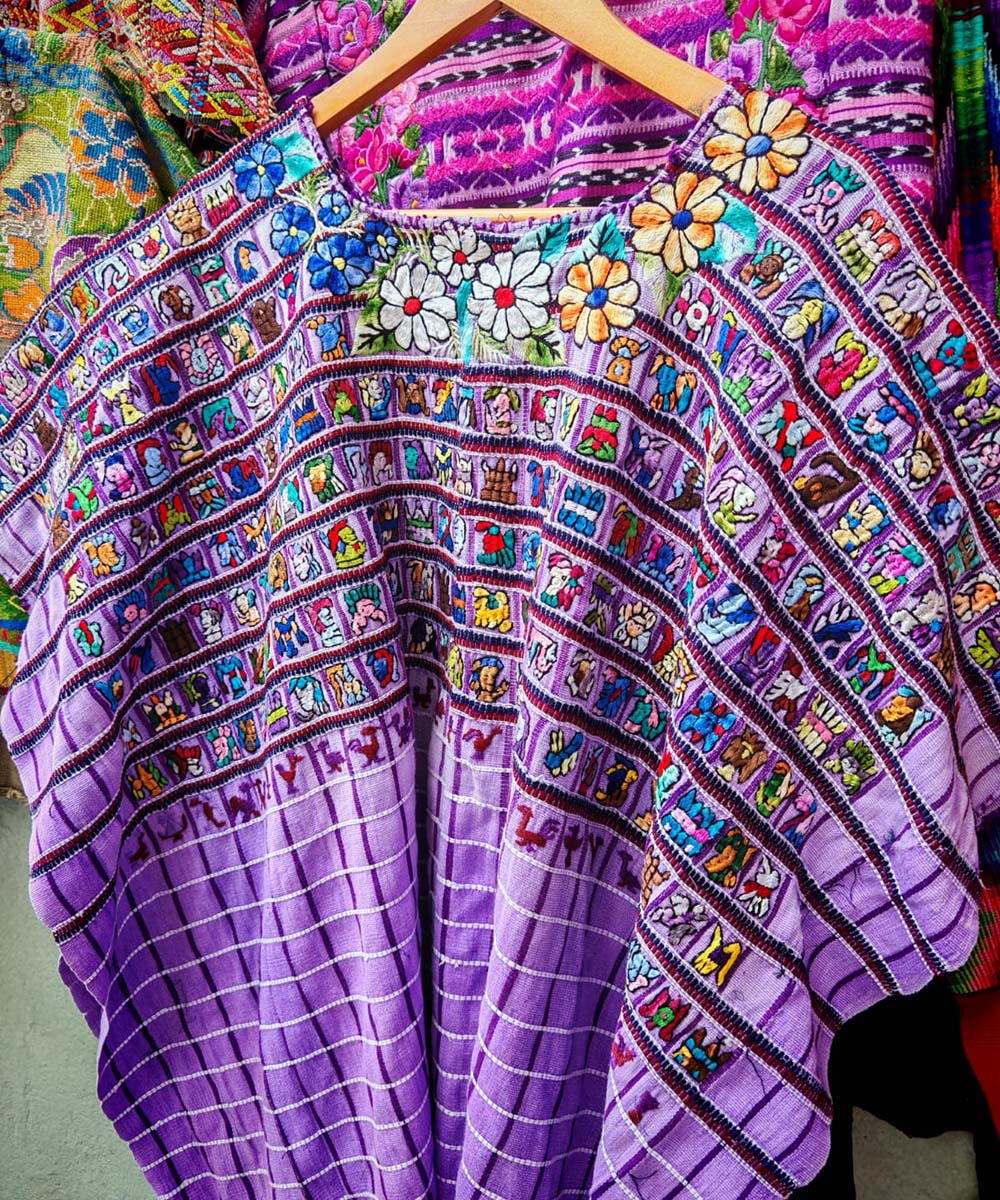 Purple Santiago Huipil with Mayan Motifs