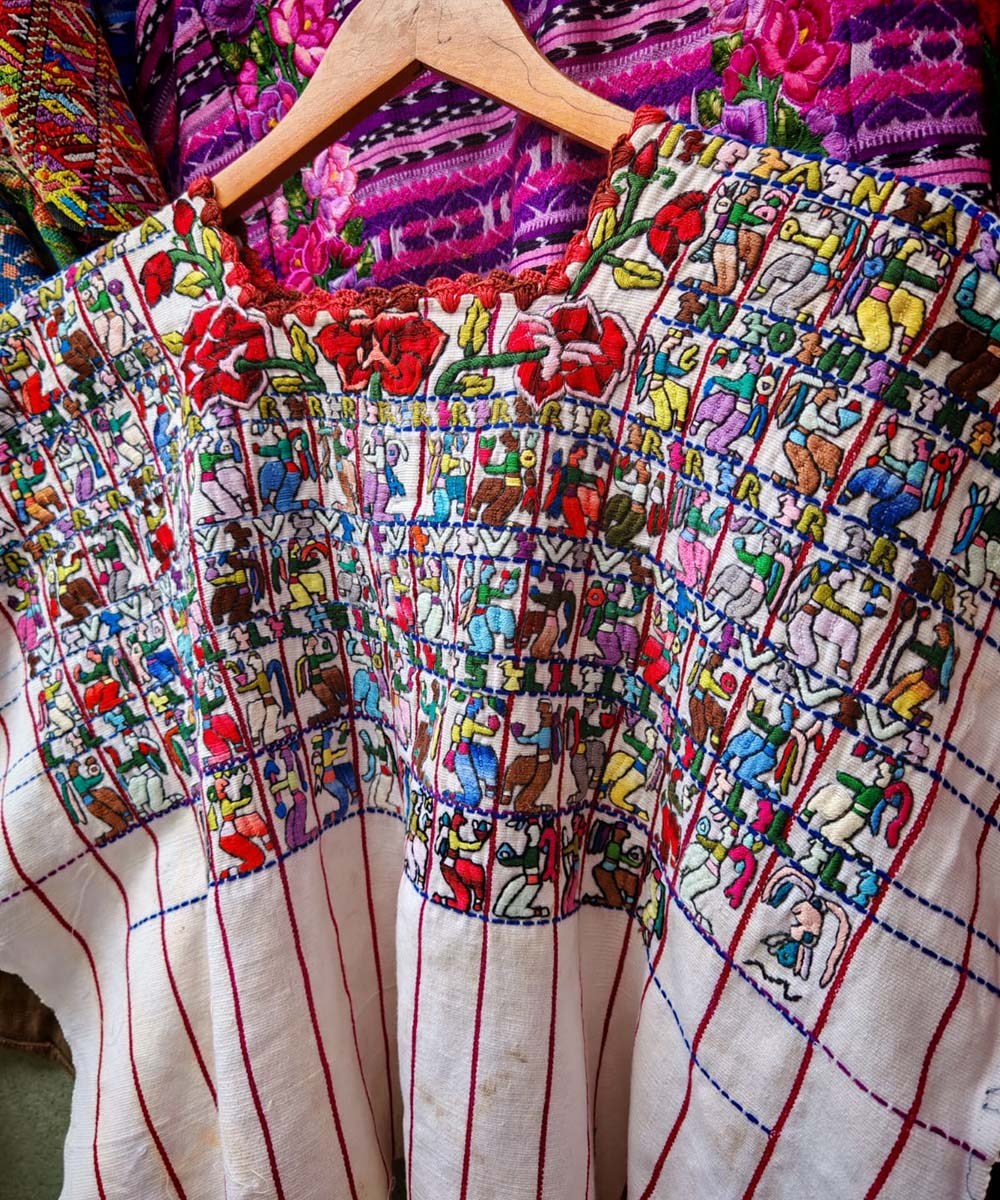 White Santiago Huipil with Mayan Motifs